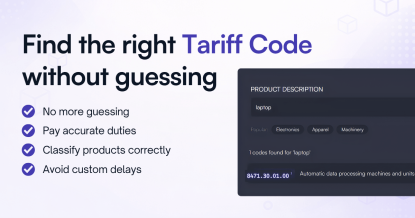 Deftship HS code lookup tool interface with laptop example and full tariff classification breakdown