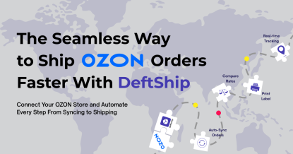 Shipping automation graphic highlighting OZON order syncing, discounted rates, and real-time tracking via DeftShip
